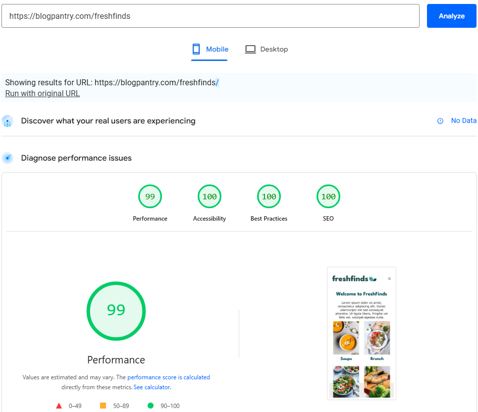 Blog Pantry theme core web vitals